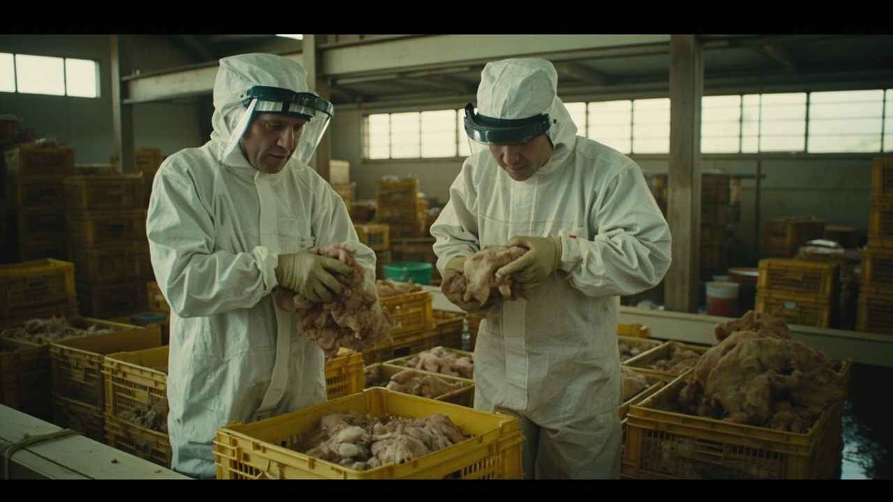 Workers in protective suits culling poultry at a commercial farm