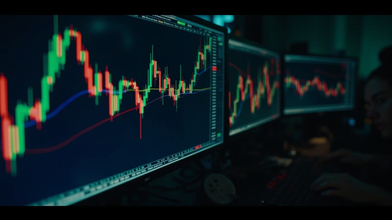 A cryptocurrency trading screen showing a volatile price chart with red and green candles