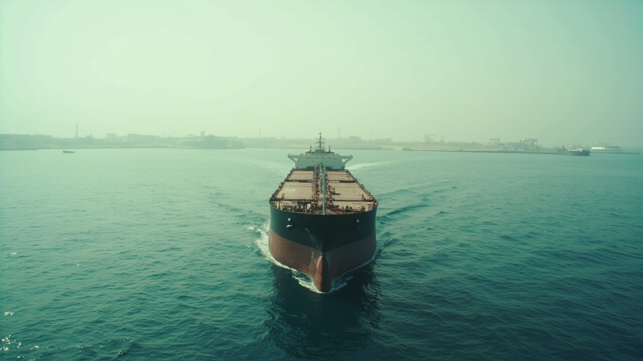 An empty oil tanker anchored offshore with a hazy coastline behind