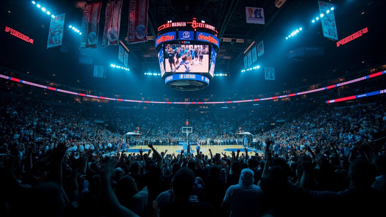A basketball arena with blue and red banners hanging from the rafters