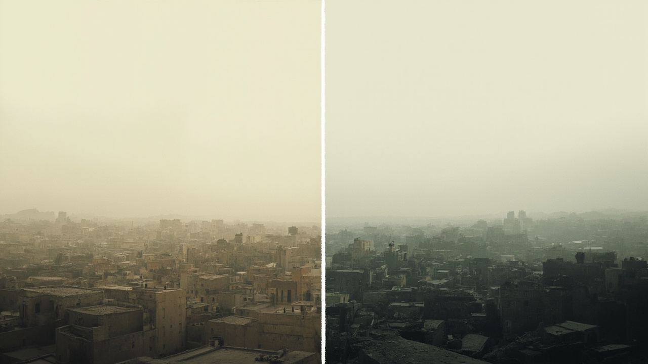 A split screen showing two different war zones under the same gray sky, separated by a thin white line