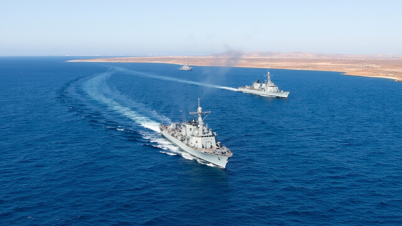 Two gray US Navy destroyers transiting narrow blue strait waters with distant brown coastline