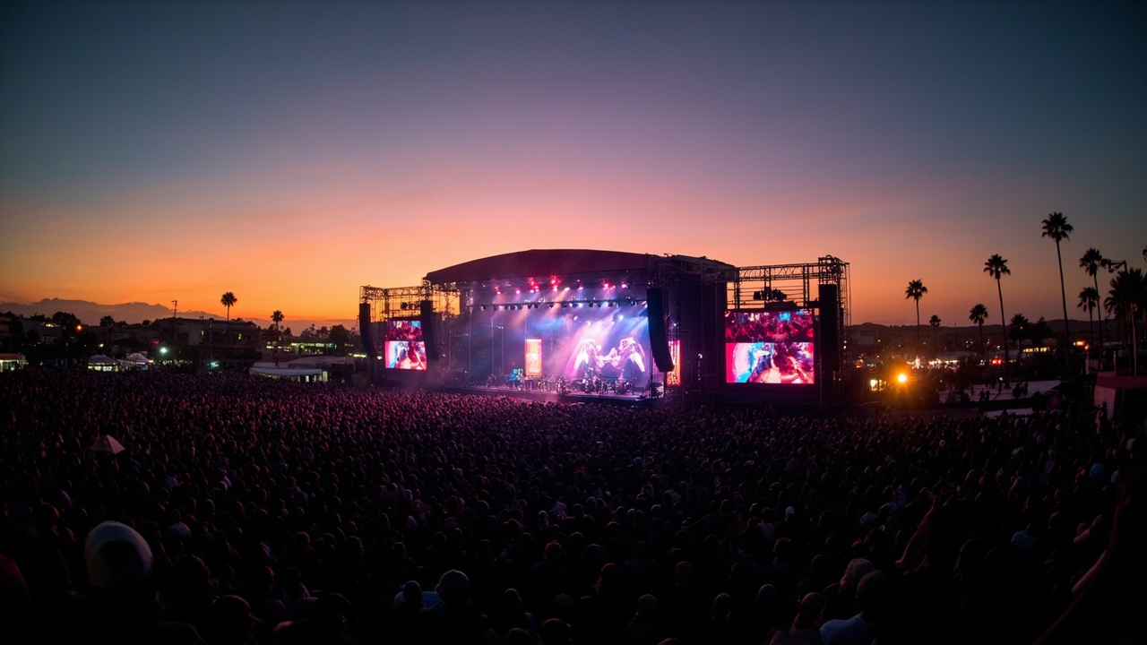 A massive festival stage at sunset with colorful lights and a large crowd in the desert