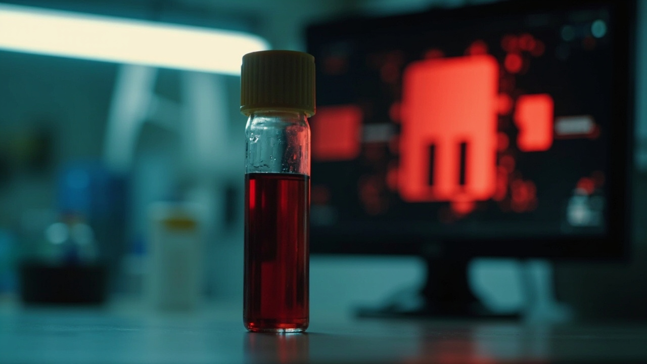 A laboratory blood sample vial illuminated under clinical lighting with a digital readout in the background