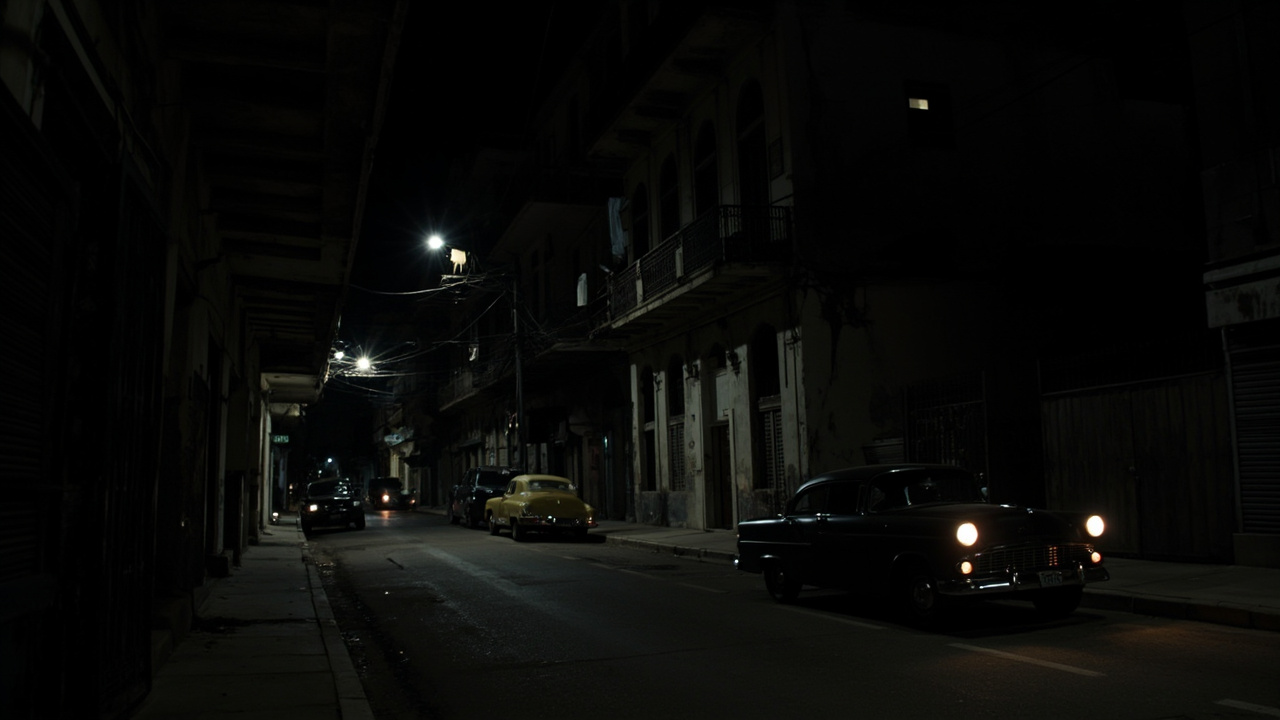 A dimly lit Havana street at night with a few windows glowing from generator power