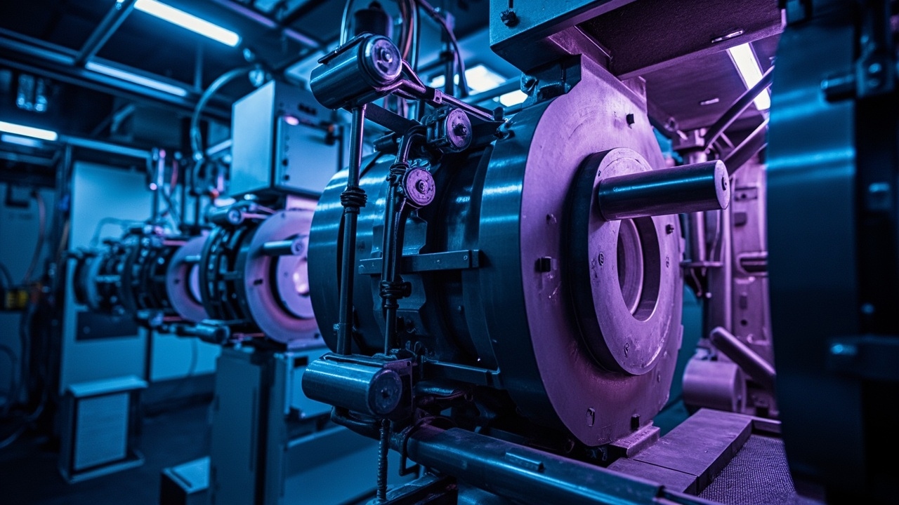 A cylindrical xenon detector in an underground laboratory with blue and purple LED lighting
