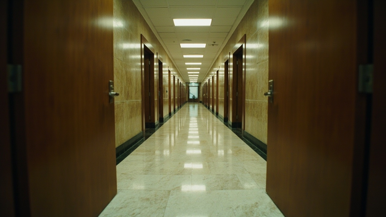 An empty federal courthouse hallway with polished floors and closed wooden doors