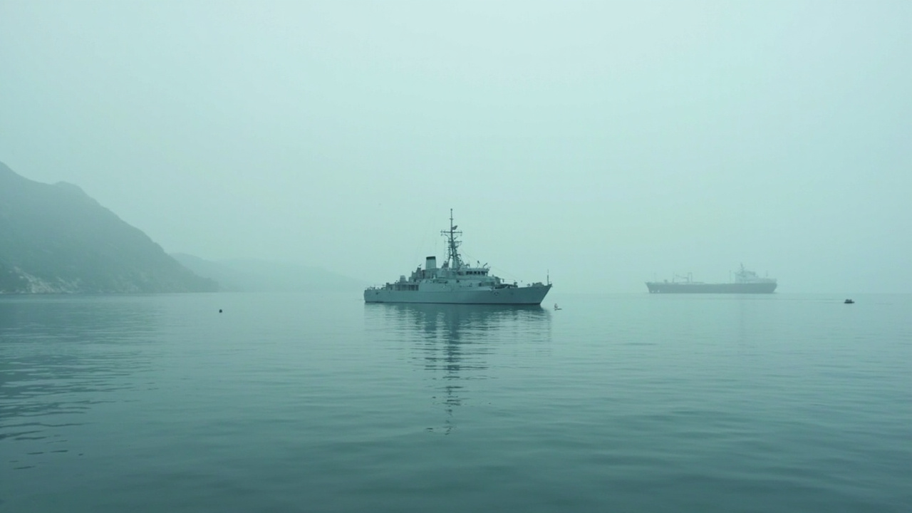 A naval vessel on still water near the mouth of a narrow strait under hazy skies
