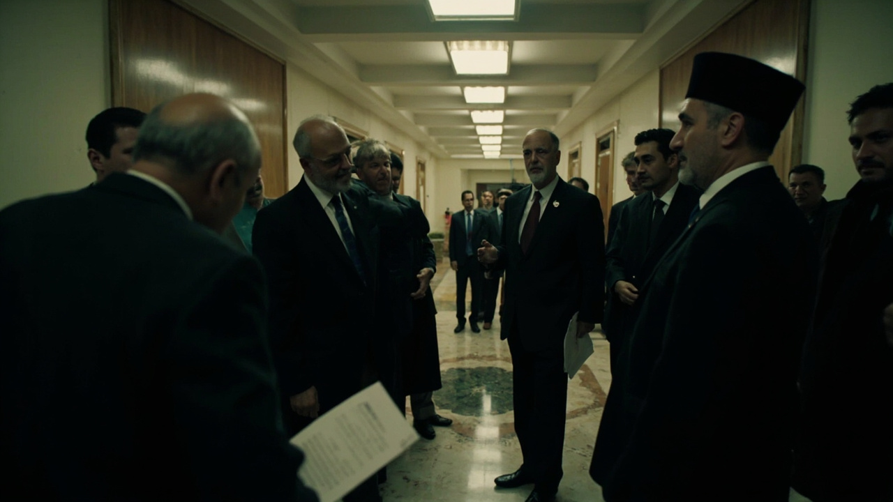 Iranian delegation members in dark suits conferring in a hallway of a Pakistani government building