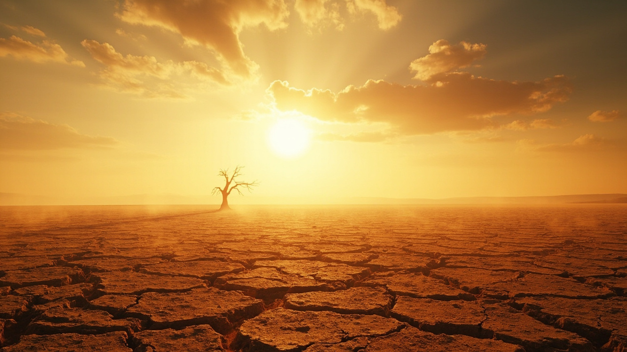 Cracked dry earth under a blazing sun with heat shimmer rising from the ground