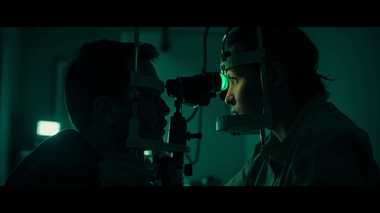 An optometrist examining a patient's eye with a slit lamp in a dimly lit clinic