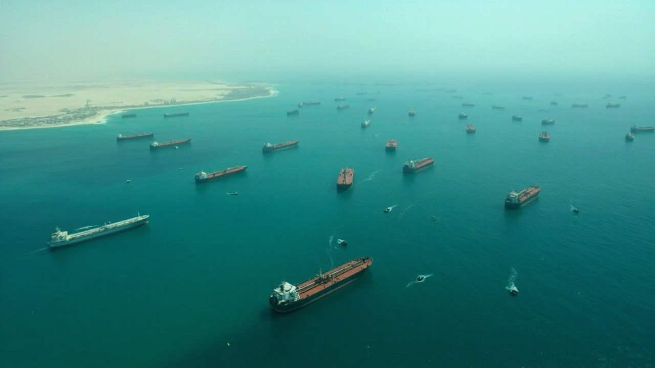 Dozens of tanker ships anchored at sea near the Strait of Hormuz visible from aerial perspective