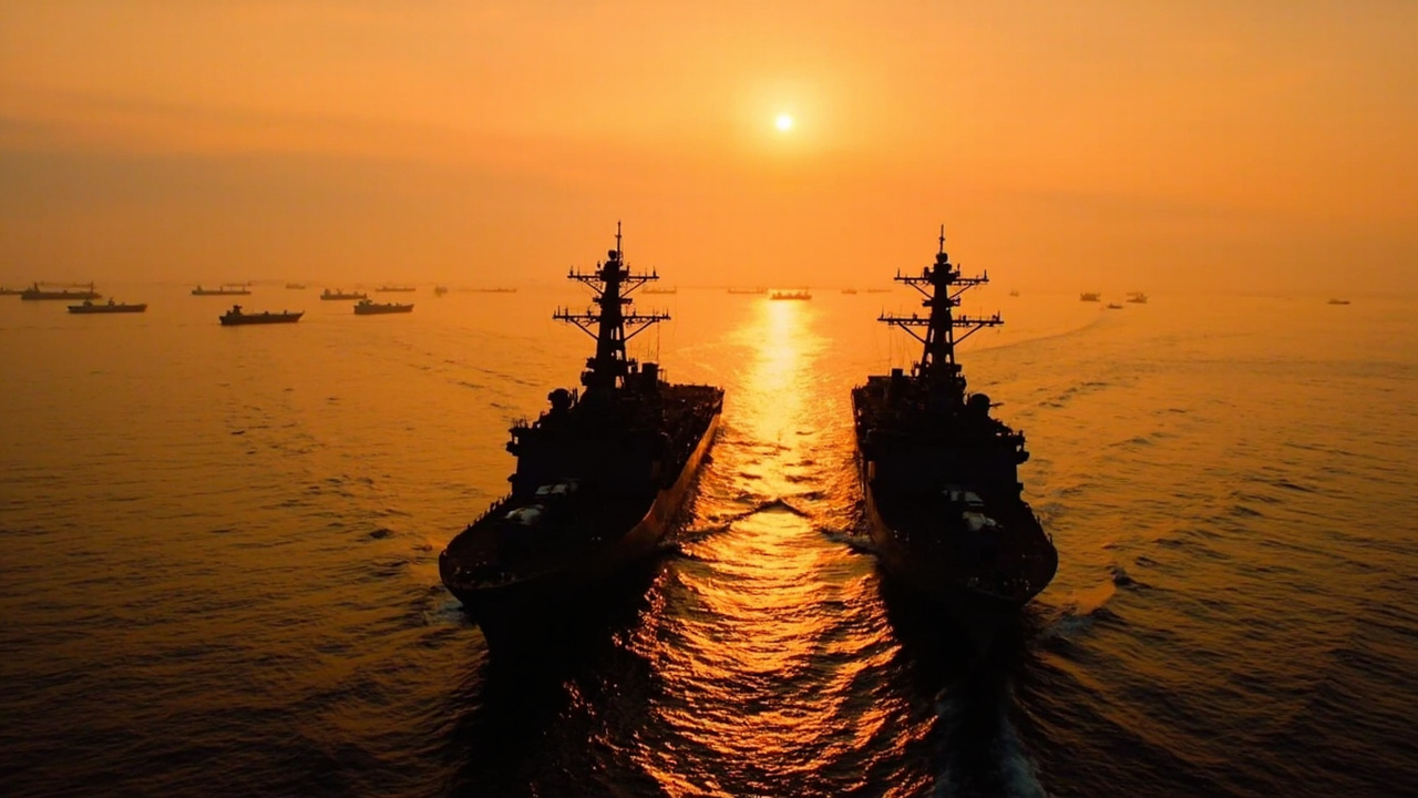 Two gray warships in silhouette transit a narrow strait at dusk with oil tankers visible in the distance