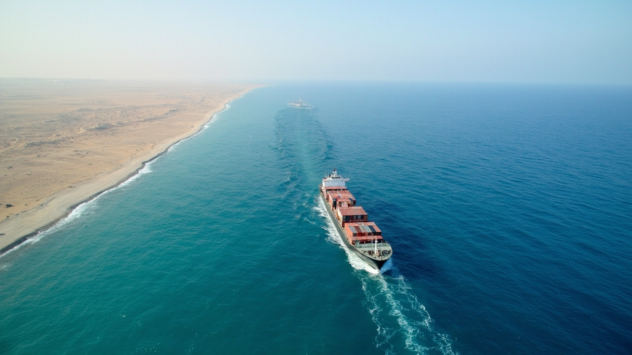 A cargo ship passing through a narrow strait with the Yemeni coast visible