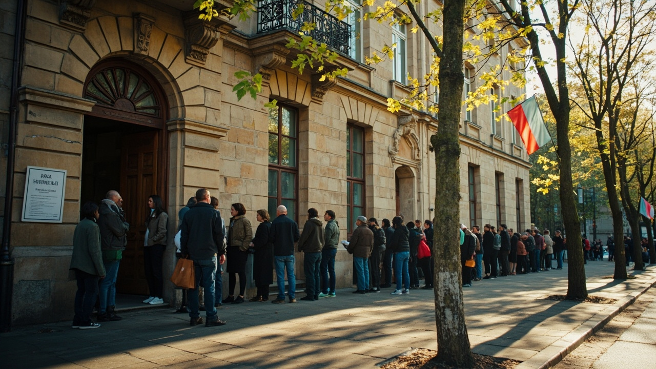 Hungarian voters queuing outside a polling station in Budapest on a spring morning