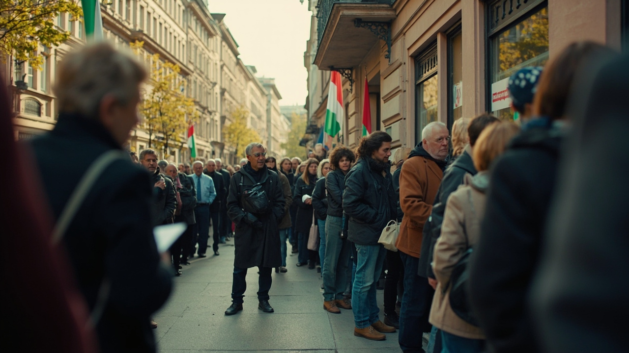 Voters queue outside a polling station in Budapest on a spring morning
