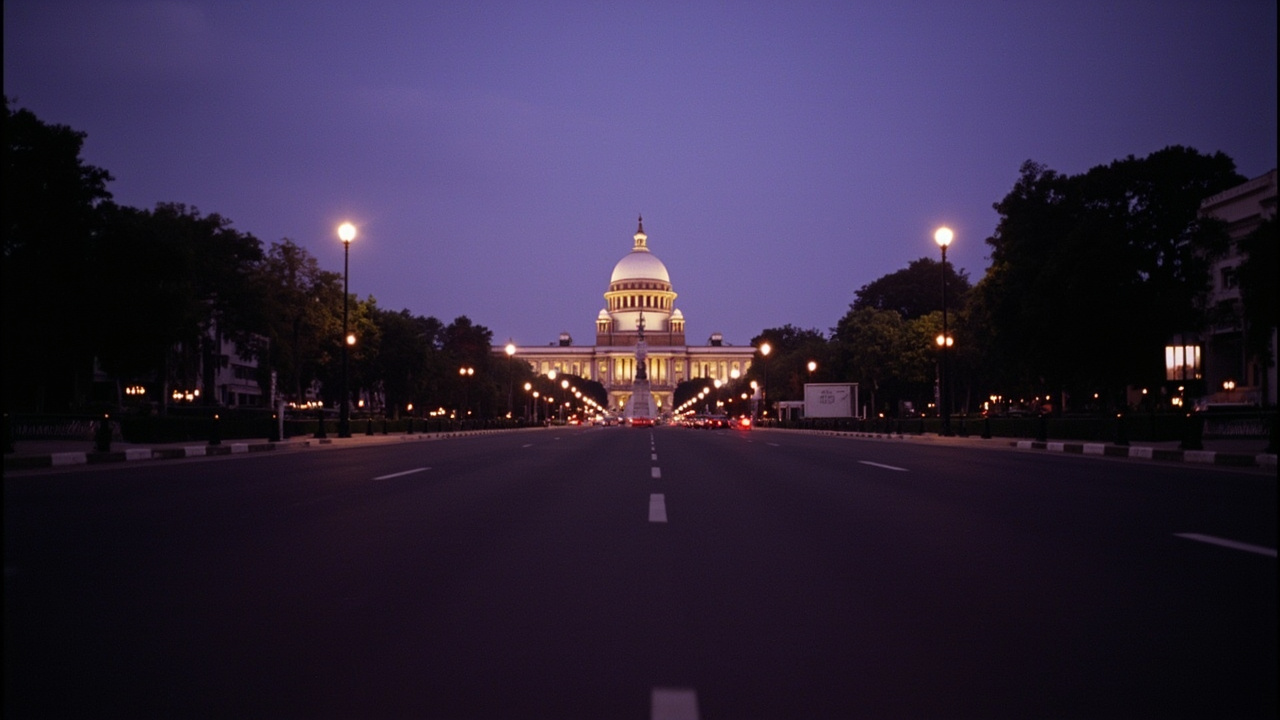 The Indian Parliament building in New Delhi viewed from Rajpath at dusk