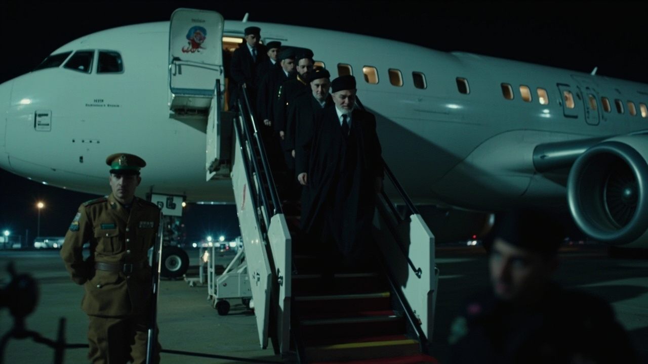 Iranian officials in black suits descending aircraft stairs at a Pakistani airbase at night