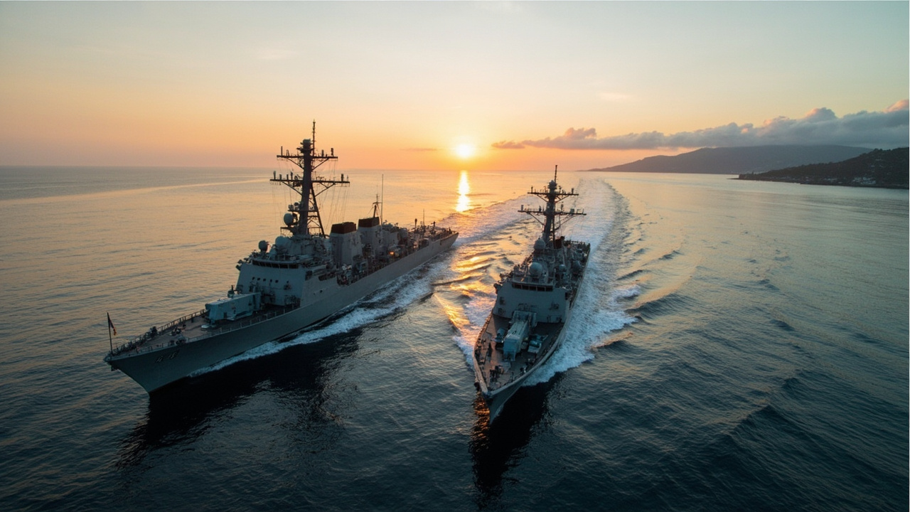 Two U.S. Navy destroyers in formation sailing through a narrow strait at dawn