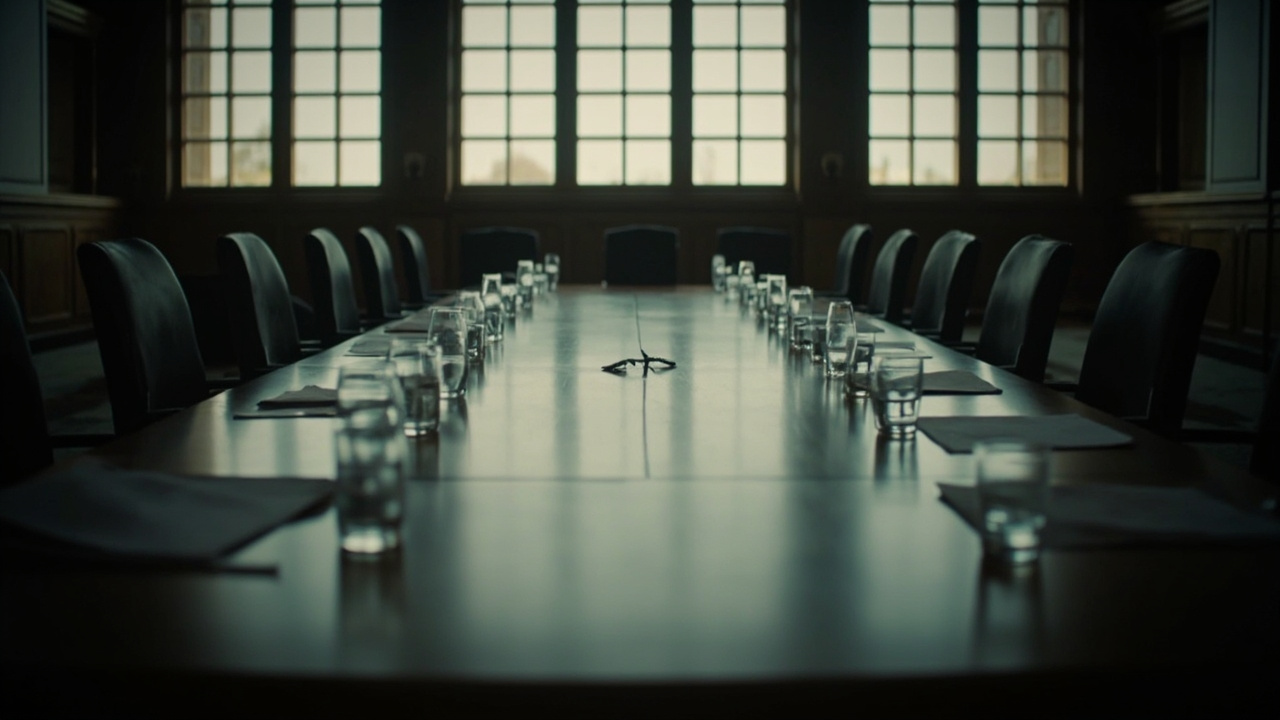 Empty negotiating table in a Pakistani government building with two delegations' papers visible