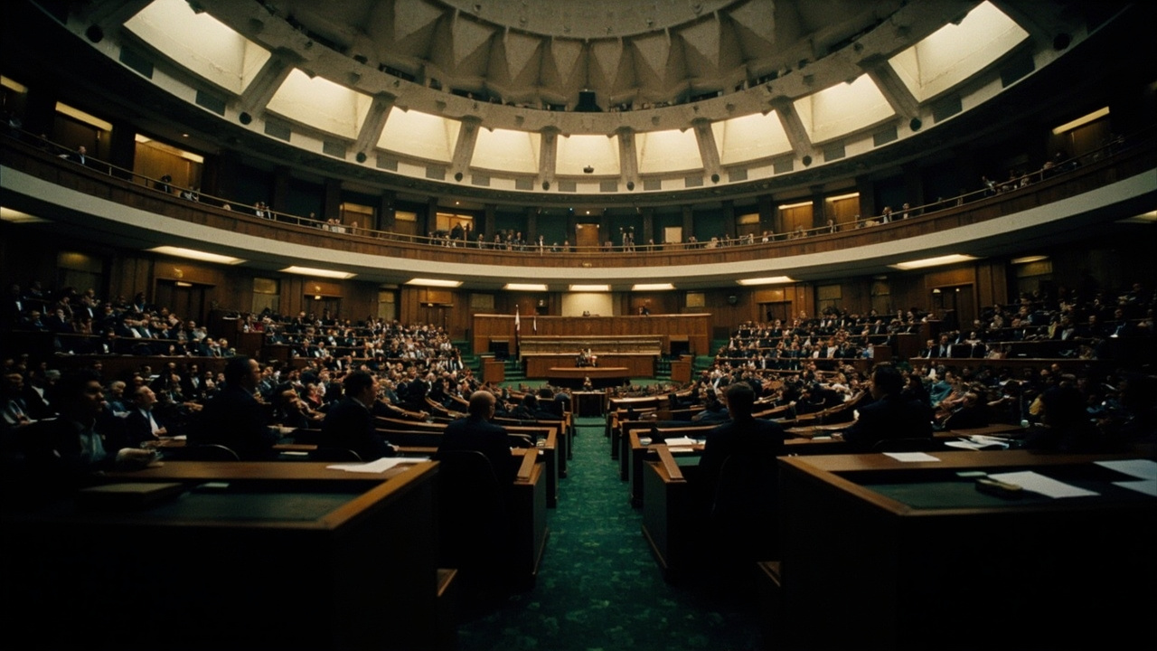 The Iraqi parliament chamber in Baghdad with lawmakers seated in semicircular rows