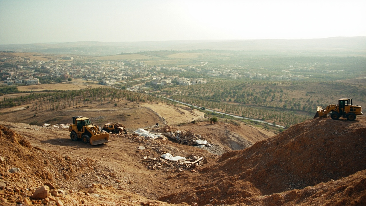 Construction equipment on a hilltop in the West Bank with Palestinian villages in the valley below