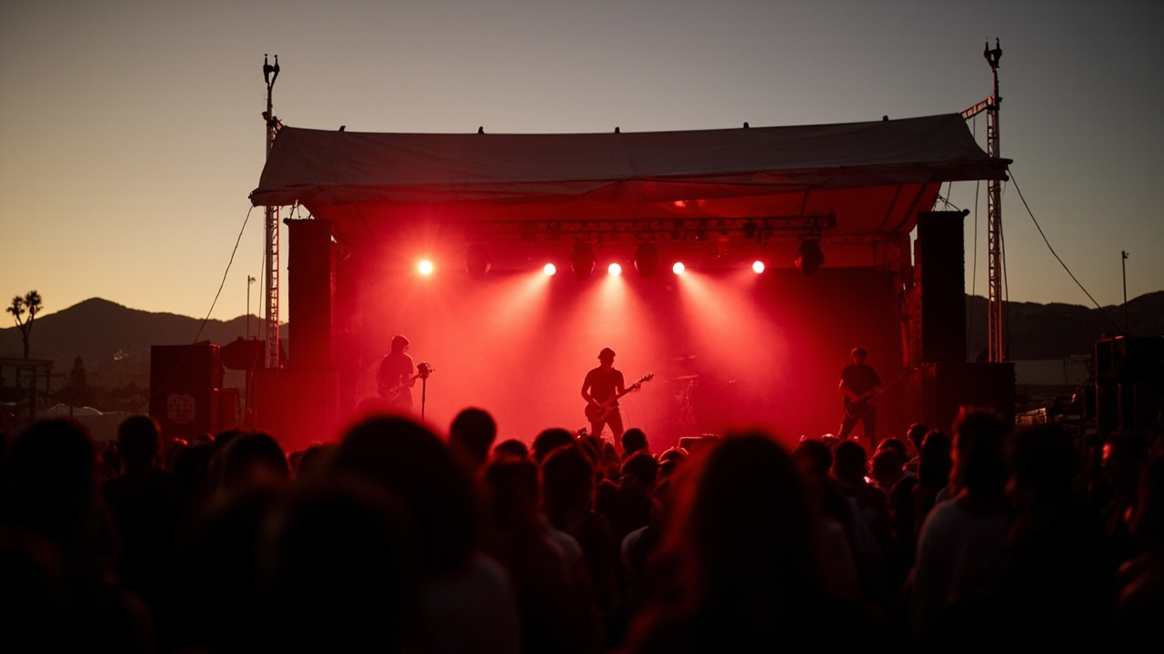 A small festival tent stage with dramatic red lighting and a sparse afternoon crowd