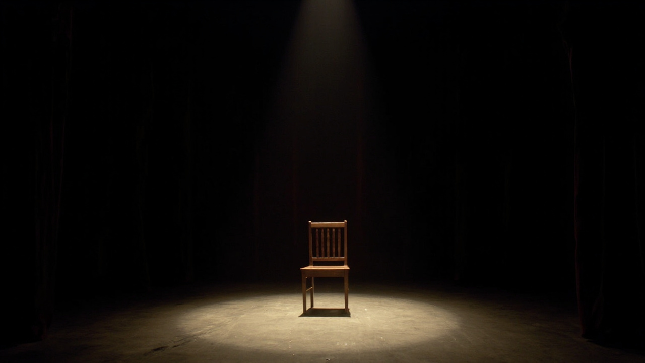 An empty theater stage lit by a single spotlight with a wooden chair in the center