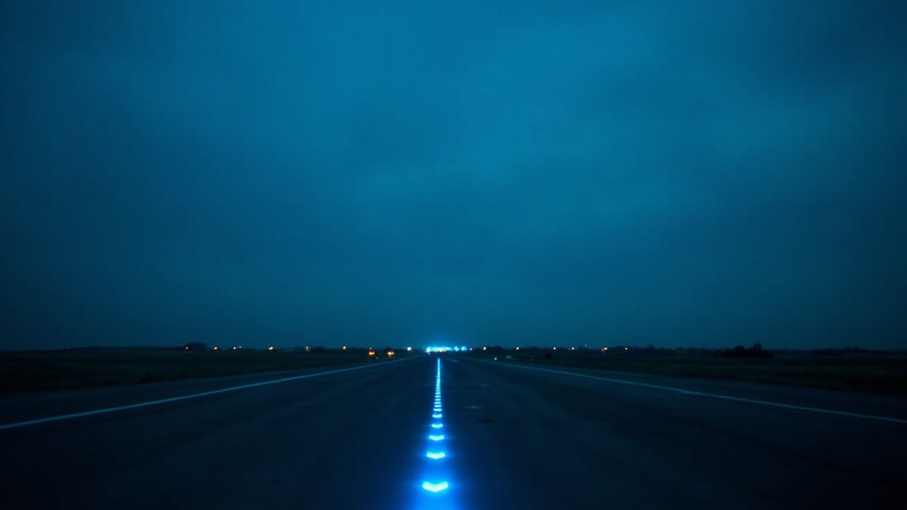 An empty airport runway with taxiway lights glowing at dusk