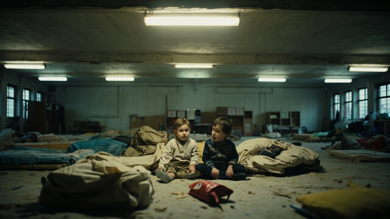 Displaced Lebanese families sheltering in a converted school building with mattresses on floor