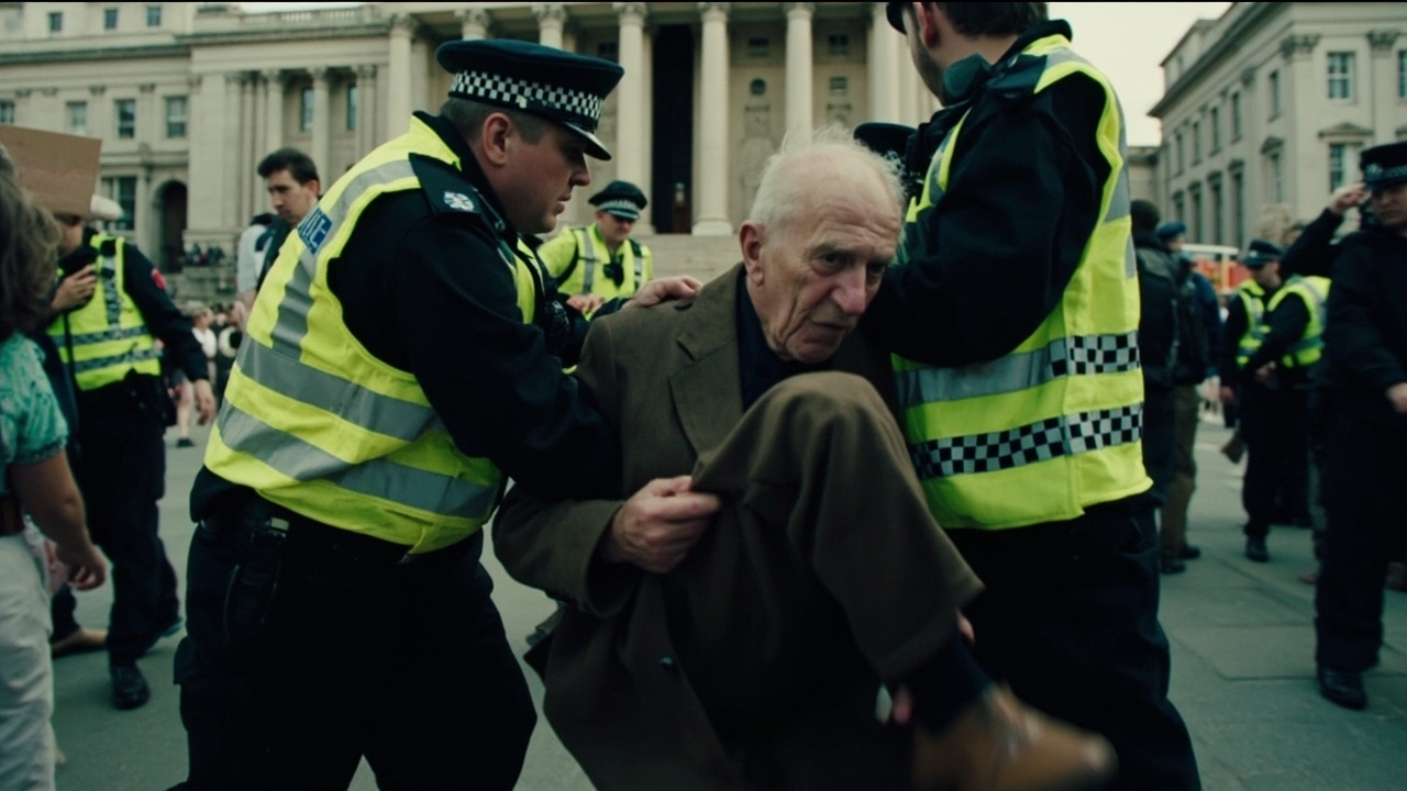 Police officers carrying away a seated elderly protester in Trafalgar Square