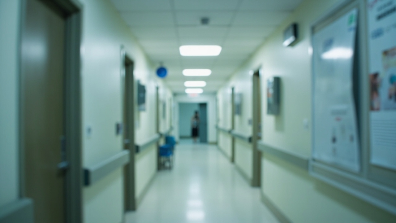 A clinical research facility hallway with a recruitment poster visible on the wall