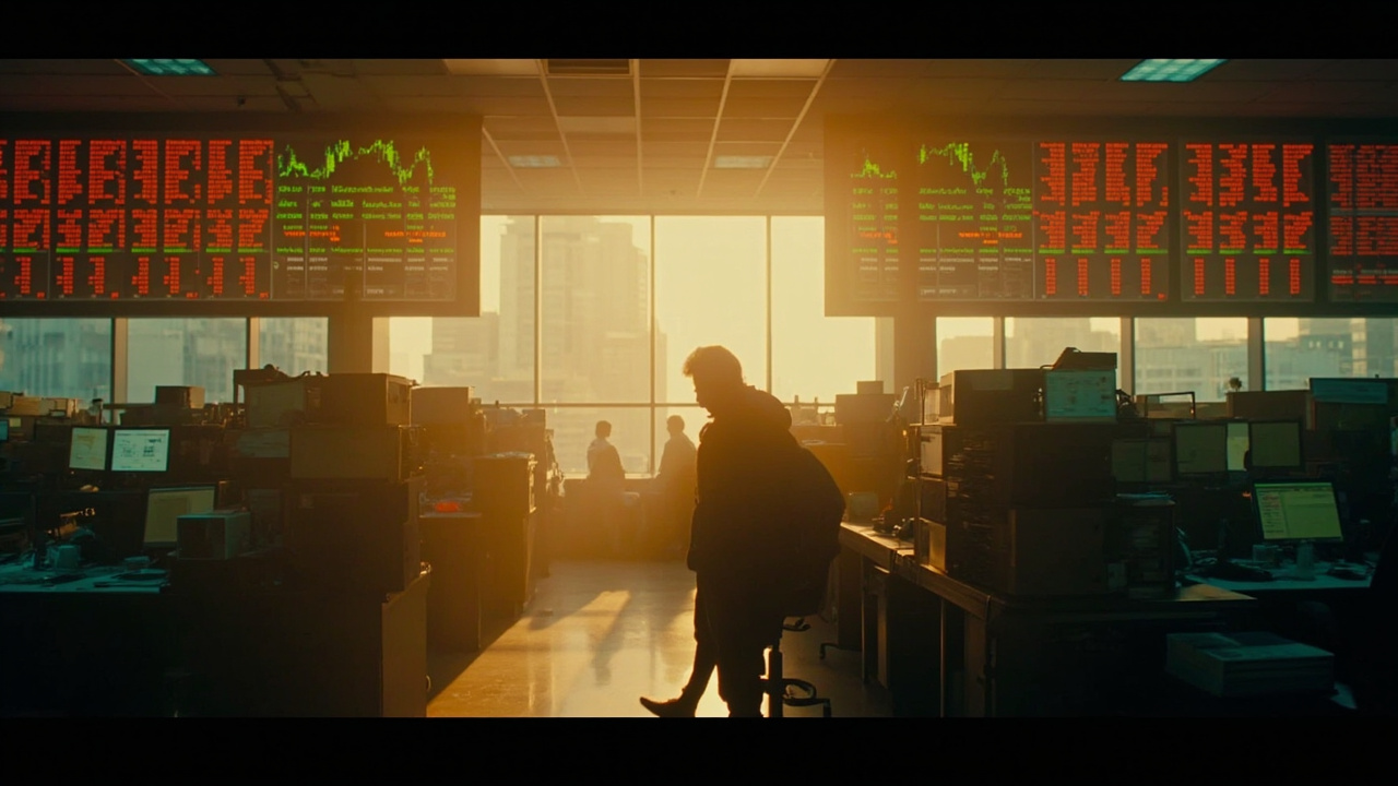 A stock exchange trading floor with digital screens showing red and green numbers