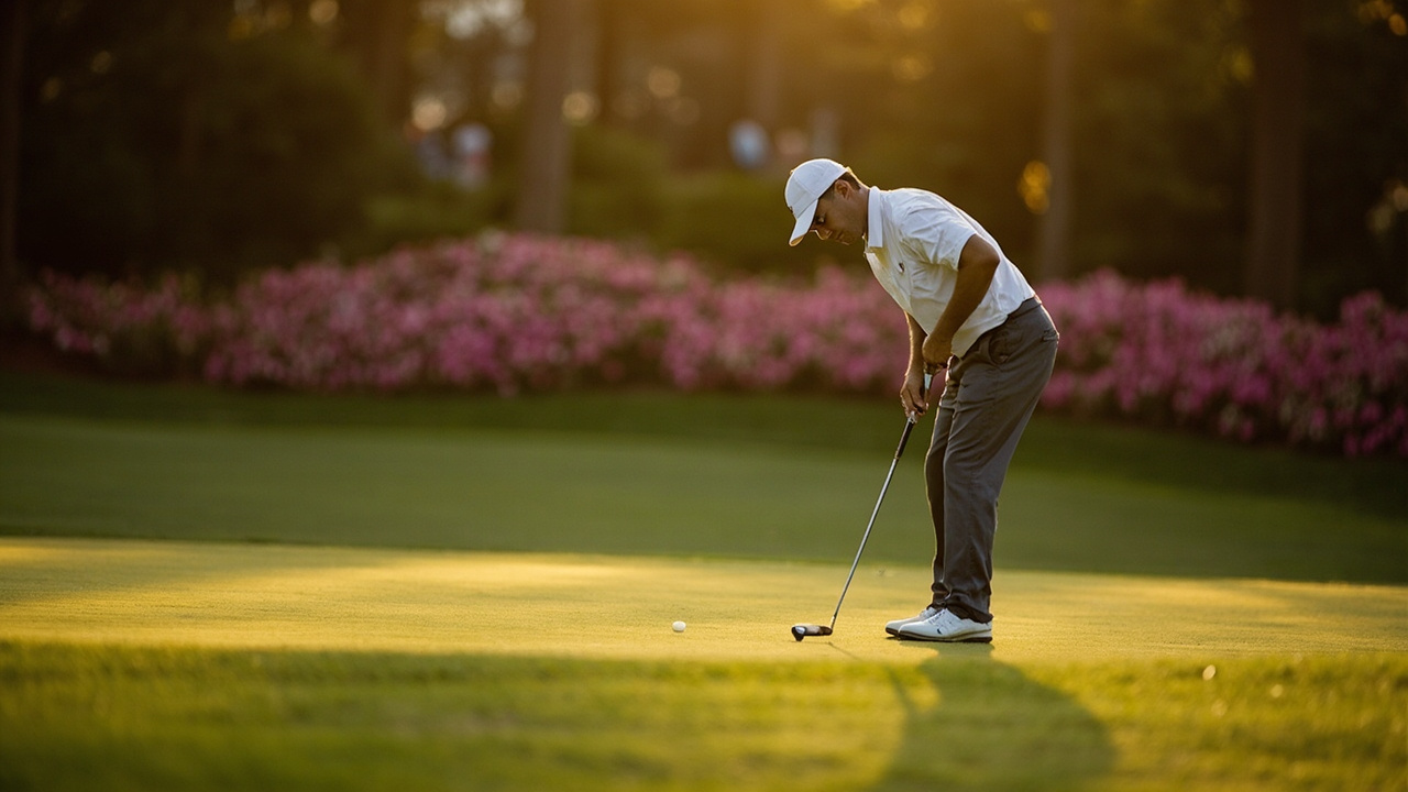 Rory McIlroy looking at the ground after a difficult shot at Augusta National with green fairway and white sand bunkers