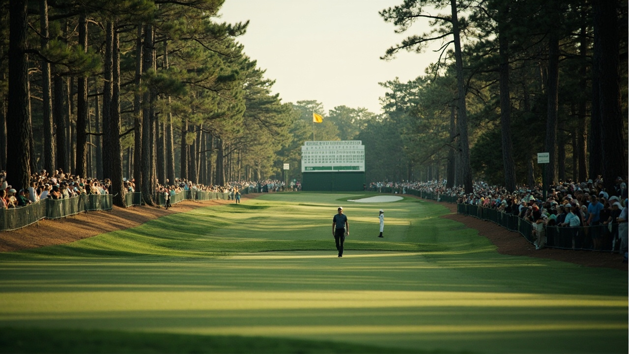 A golfer in a red shirt walks alone down a pine-lined fairway at Augusta National with a scoreboard visible behind him