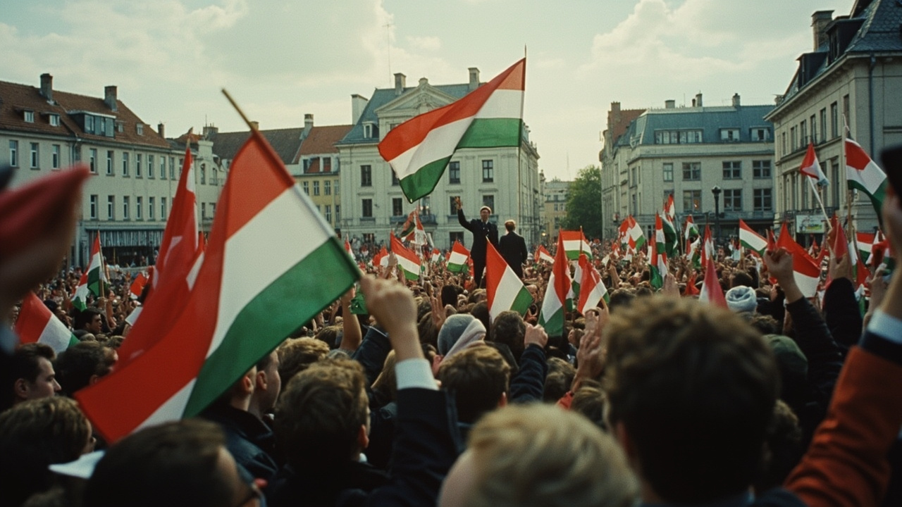 A political rally in a Hungarian town square with red and white flags