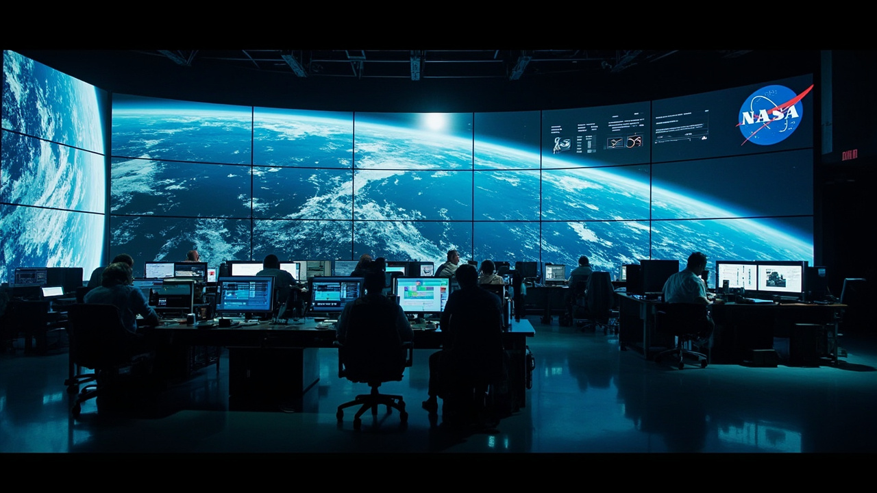 A NASA satellite operations room with monitors showing Earth observation data