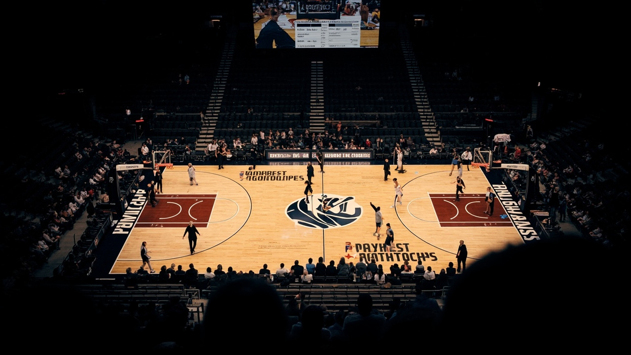 An NBA basketball court viewed from above during warmups with playoff branding visible on the hardwood