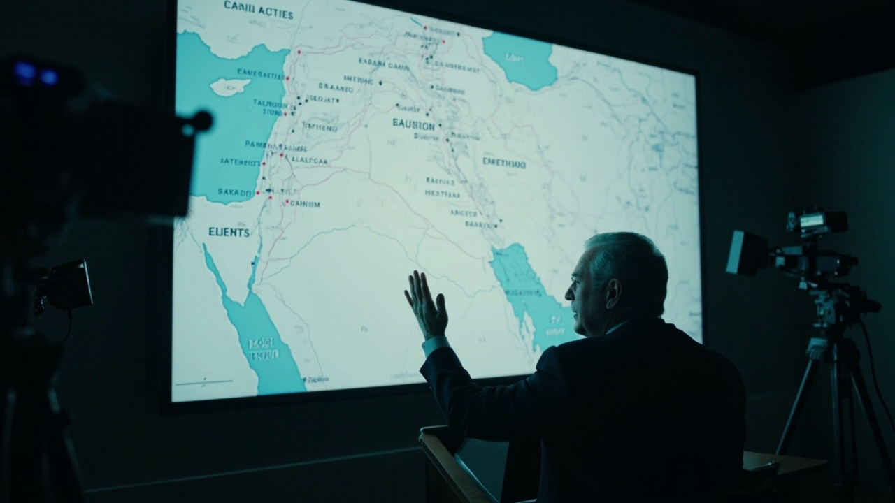 A political leader gestures at a large wall map of the Middle East during a televised address