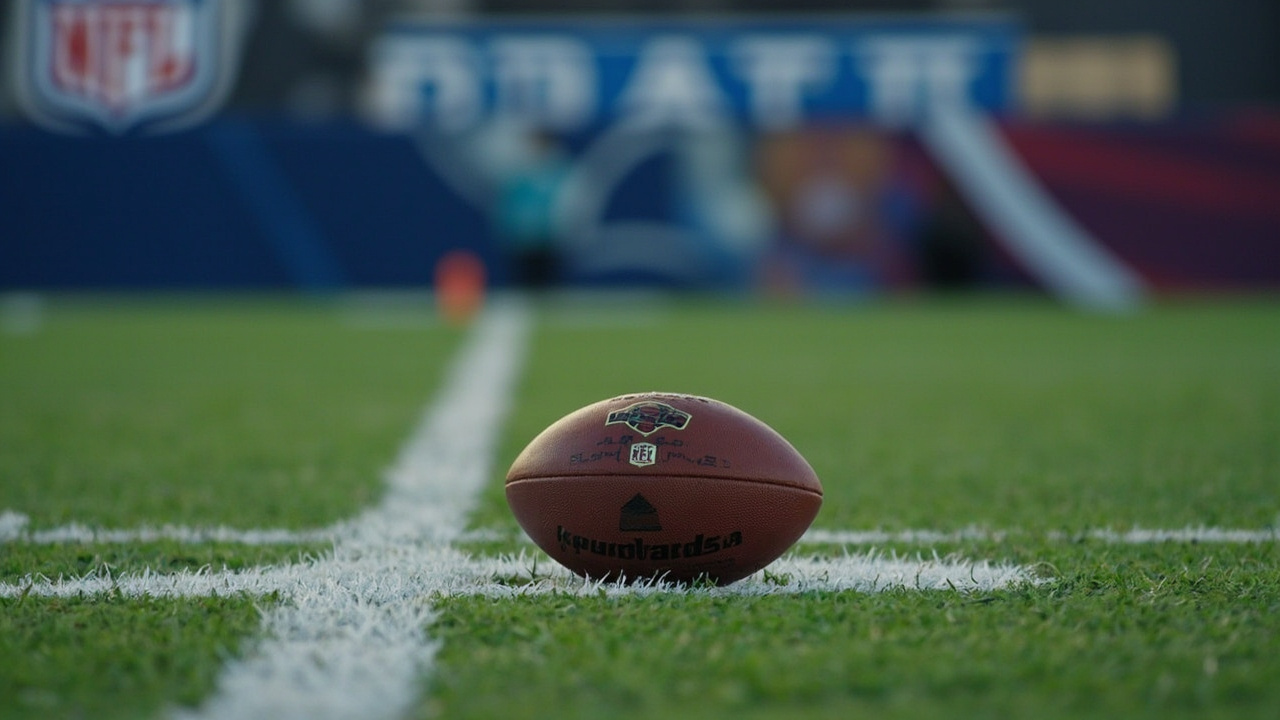 A football on a practice field with the NFL Draft logo visible on a banner in the background