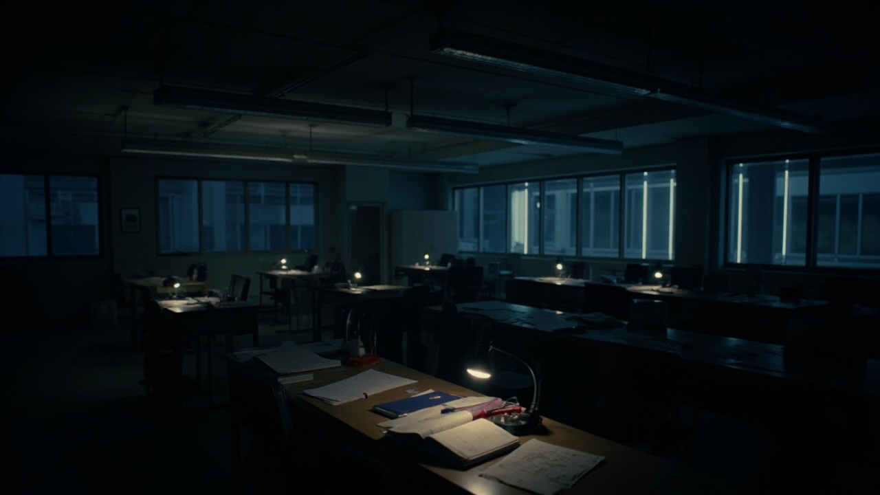 An empty newsroom with overhead fluorescent lights turned off and papers scattered on desks