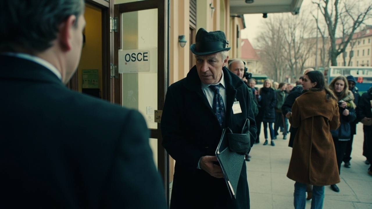 International election observers with credentials entering a Hungarian polling station