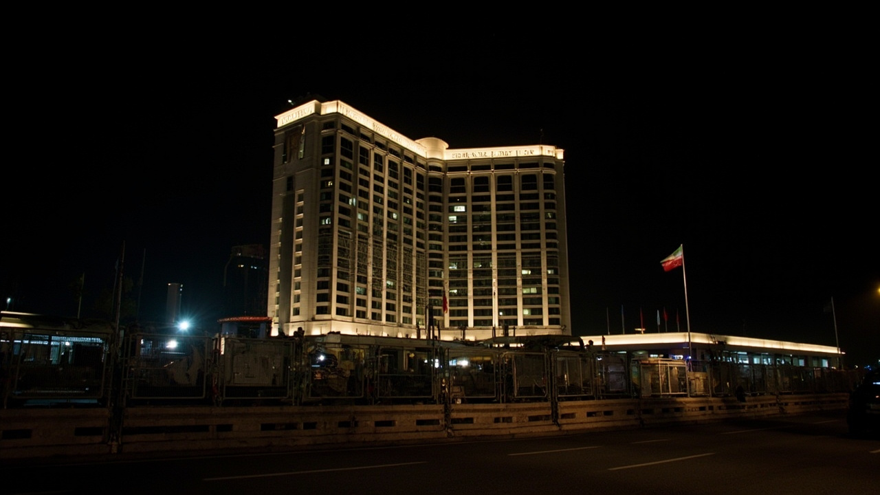 The Serena Hotel in Islamabad illuminated at night behind security barriers