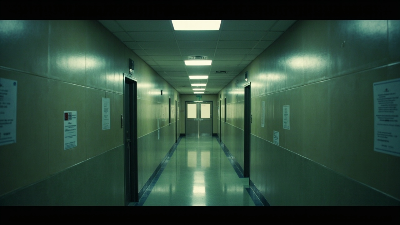 A closed security door in a government building corridor with fluorescent lighting