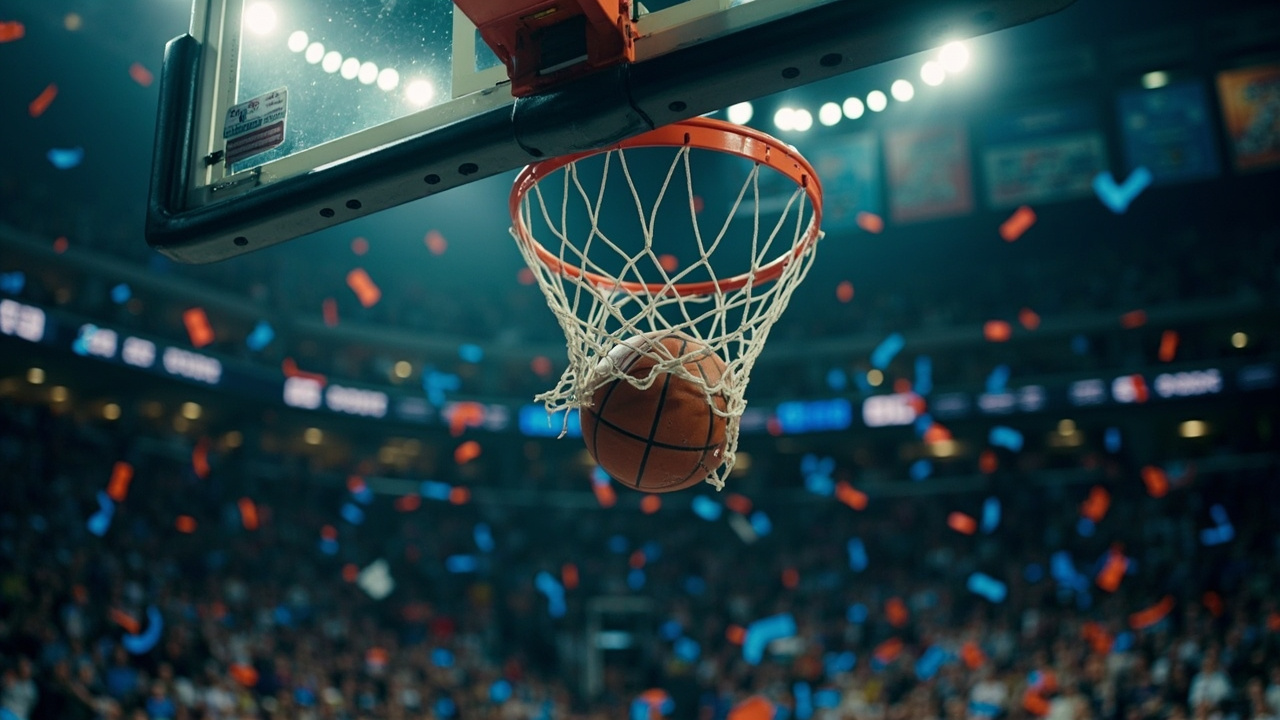 A basketball rising through a net in an arena filled with fans wearing blue and red