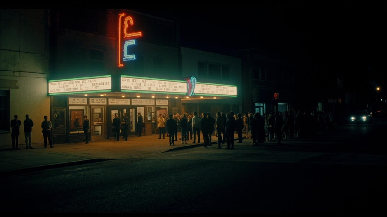 A movie theater marquee glowing at night with a line of moviegoers outside