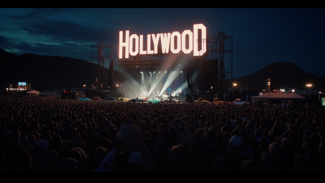 A massive outdoor festival stage lit up with a glowing sign reading Sabrinawood against the night sky
