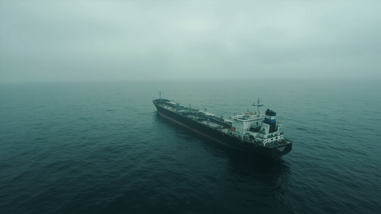 An oil tanker at sea viewed from above with a fading calendar overlay