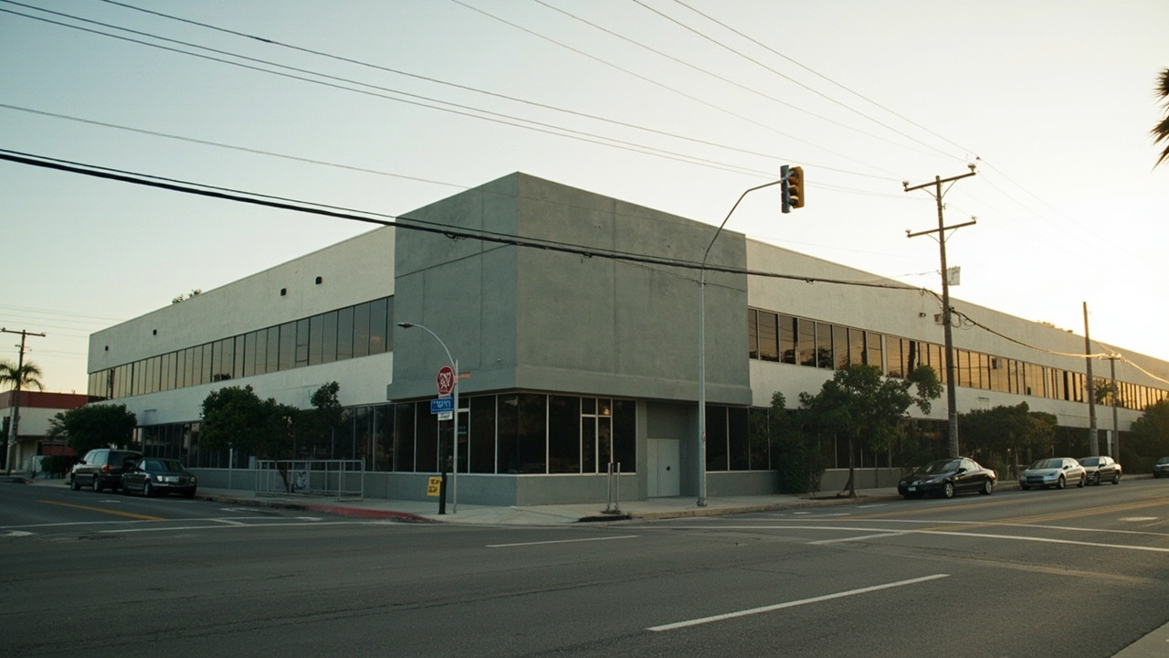 A quiet office building exterior with a SpaceX-style industrial aesthetic