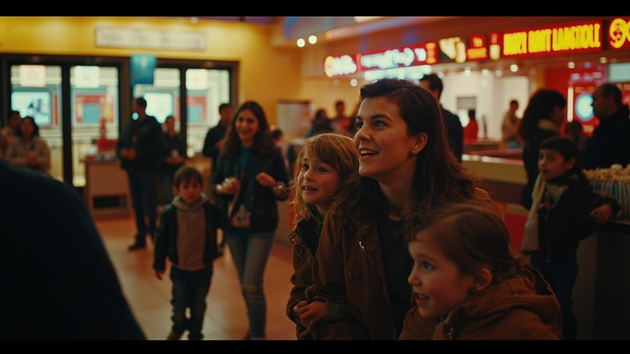 A crowded movie theater lobby with families and children under colorful promotional displays